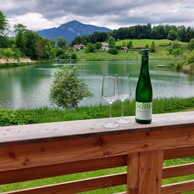 Terrasse mit Wein vom Weingut Schweighofer